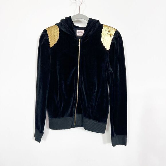 Juicy Couture Jacket Hoodie women’s large Black Zip Up Sequin Velour 90s y2k - Picture 1 of 7